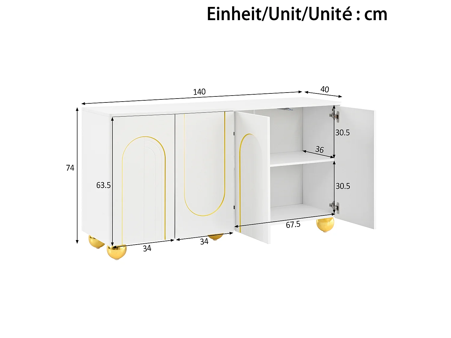 Dressoir 140x40x74 cm met 4 deuren en gouden metalen poten - Wit