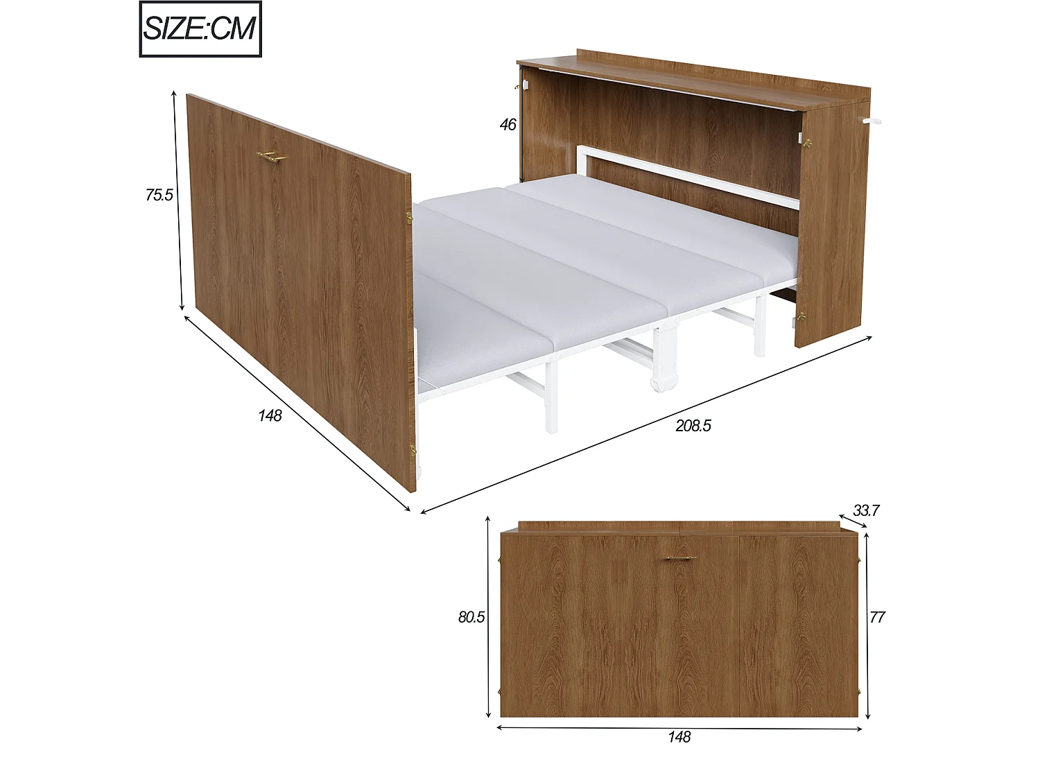 Lit escamotable 140 x 200 cm avec matelas en lin et roulettes - Structure en métal - Bois foncé