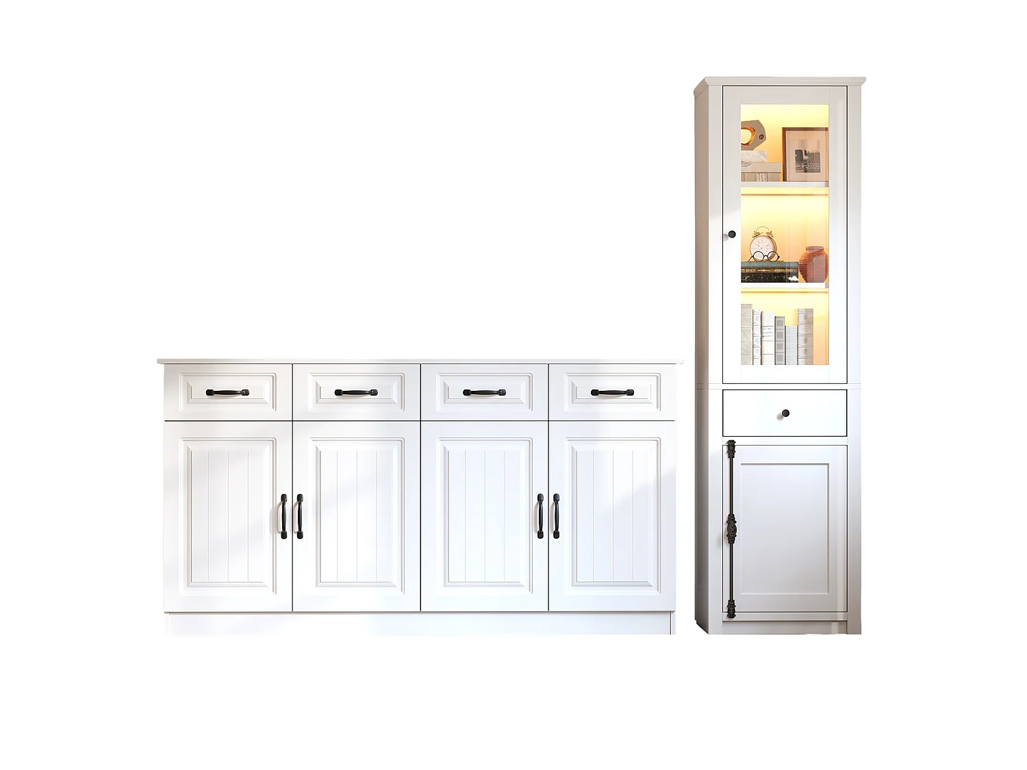 Ensemble buffet et vitrine avec tiroirs, portes et LED - Blanc