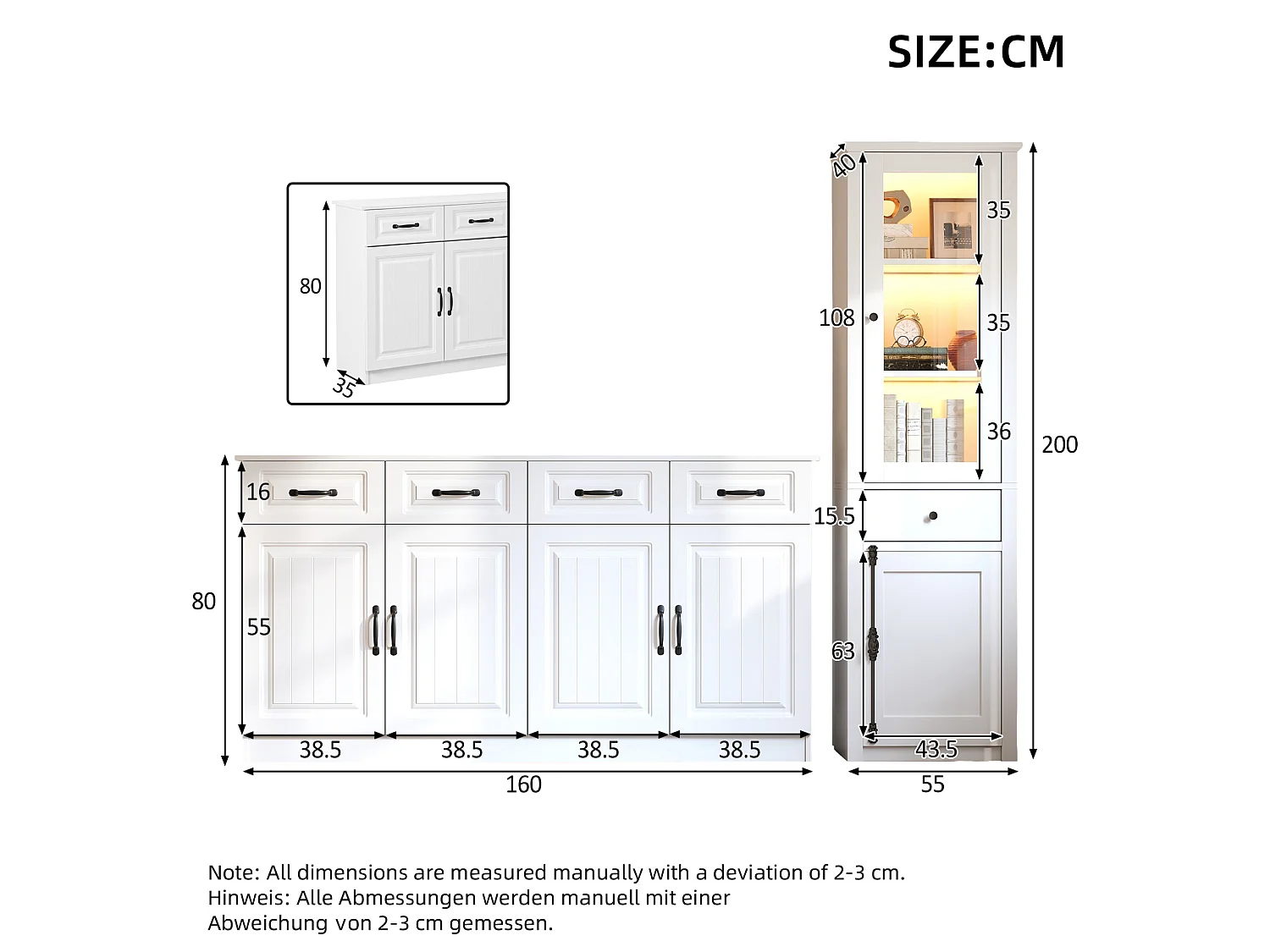 Ensemble buffet et vitrine avec tiroirs, portes et LED - Blanc