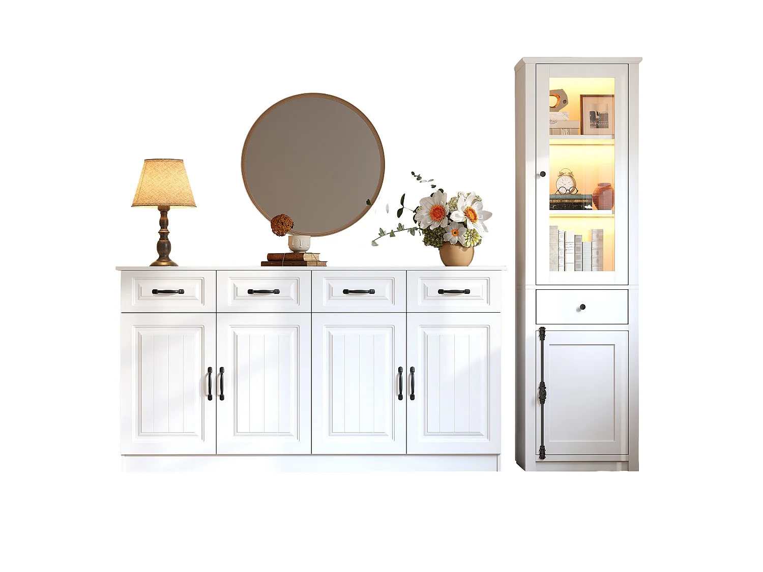Ensemble buffet et vitrine avec tiroirs, portes et LED - Blanc
