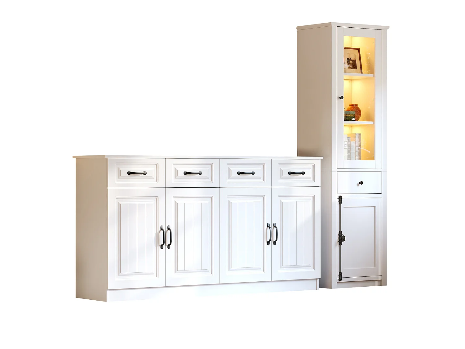 Ensemble buffet et vitrine avec tiroirs, portes et LED - Blanc