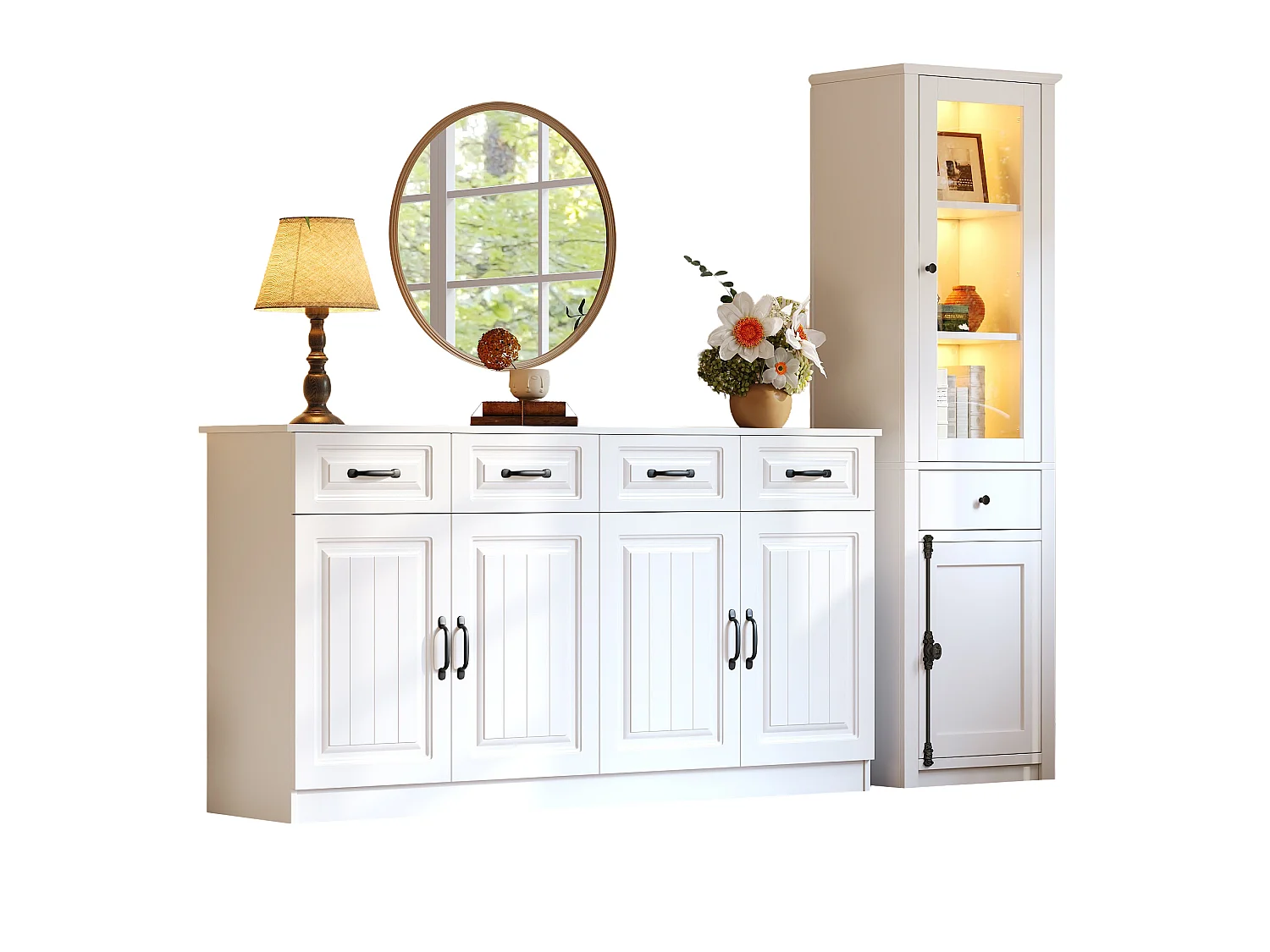 Ensemble buffet et vitrine avec tiroirs, portes et LED - Blanc