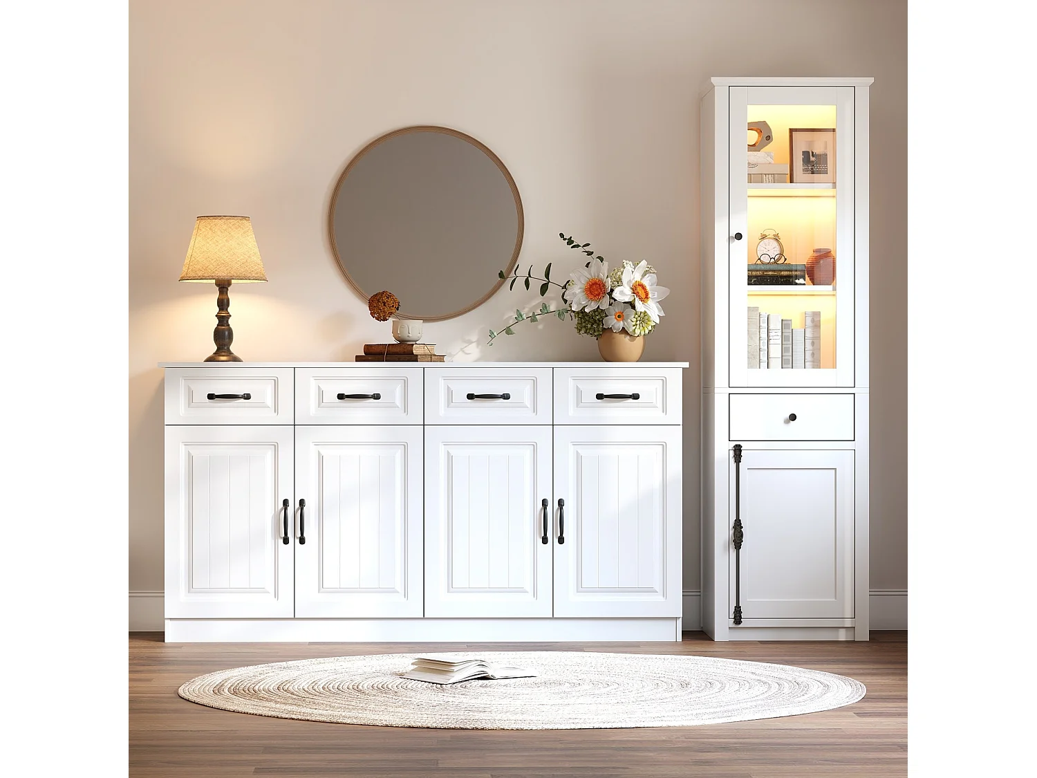 Ensemble buffet et vitrine avec tiroirs, portes et LED - Blanc