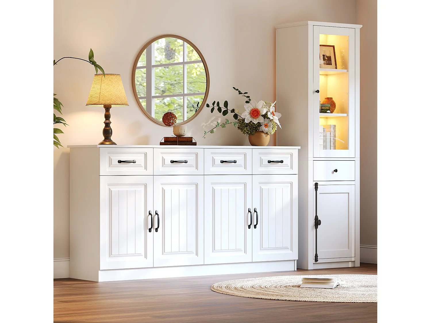 Ensemble buffet et vitrine avec tiroirs, portes et LED - Blanc