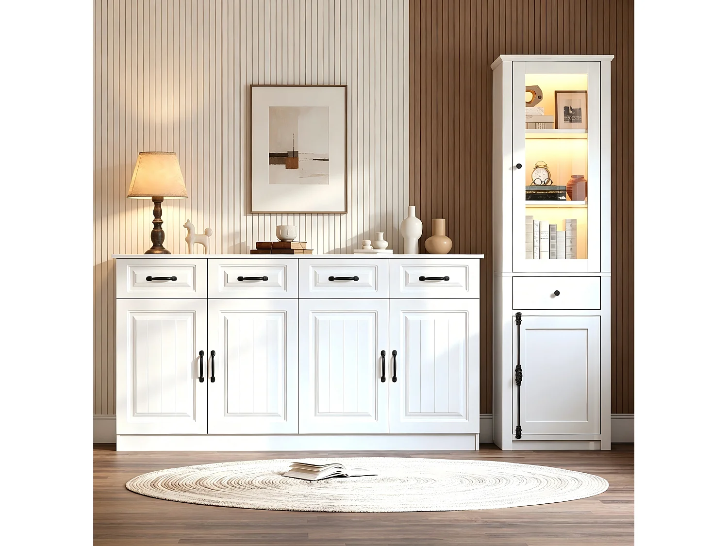 Ensemble buffet et vitrine avec tiroirs, portes et LED - Blanc
