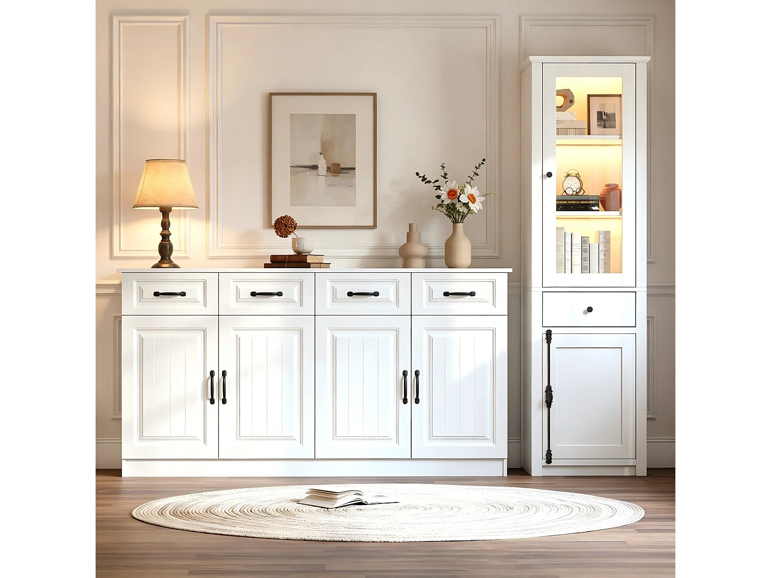 Ensemble buffet et vitrine avec tiroirs, portes et LED - Blanc