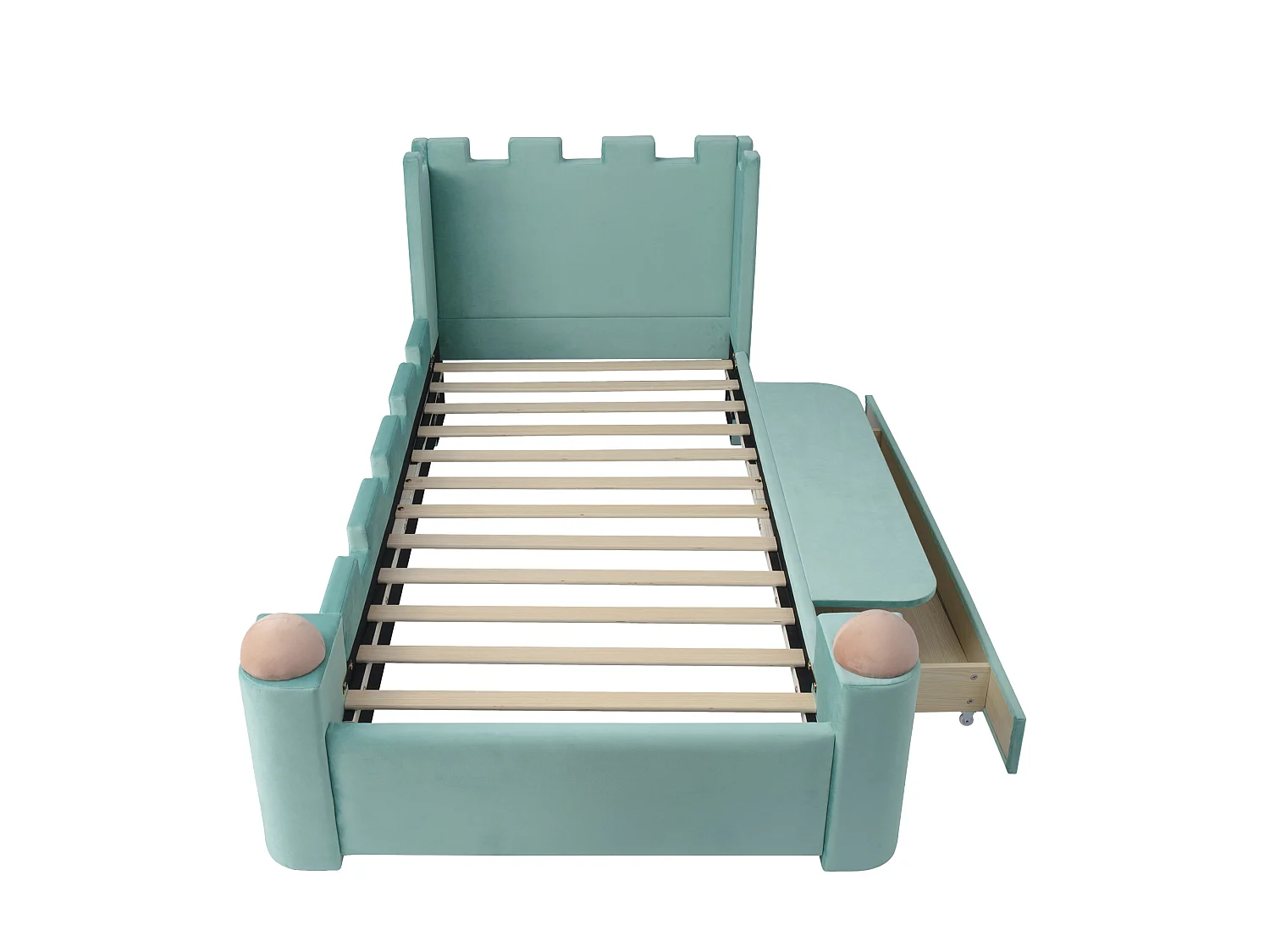 Lit enfant 90x200 cm avec tiroir et étagère rabattable - Velours bleu-vert