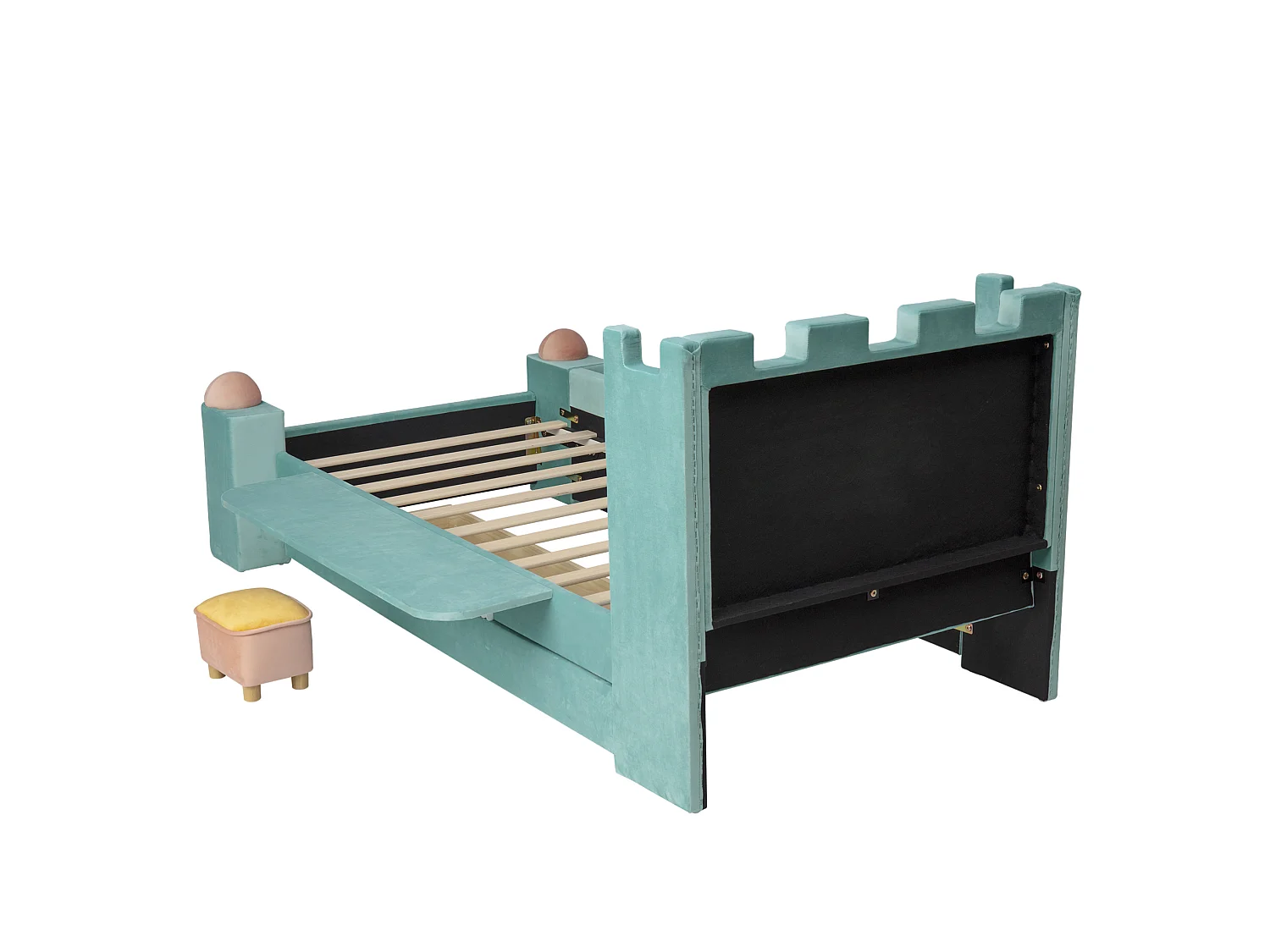 Lit enfant 90x200 cm avec tiroir et étagère rabattable - Velours bleu-vert