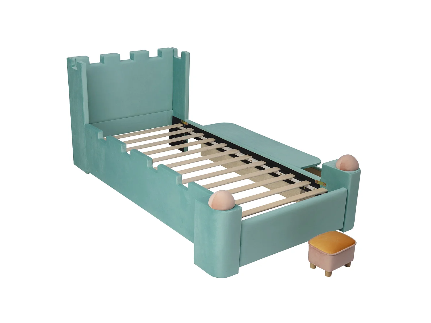 Lit enfant 90x200 cm avec tiroir et étagère rabattable - Velours bleu-vert