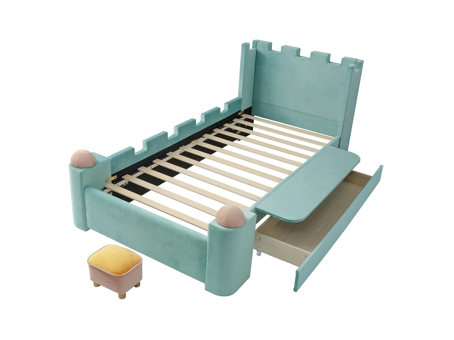 Lit enfant 90x200 cm avec tiroir et étagère rabattable - Velours bleu-vert