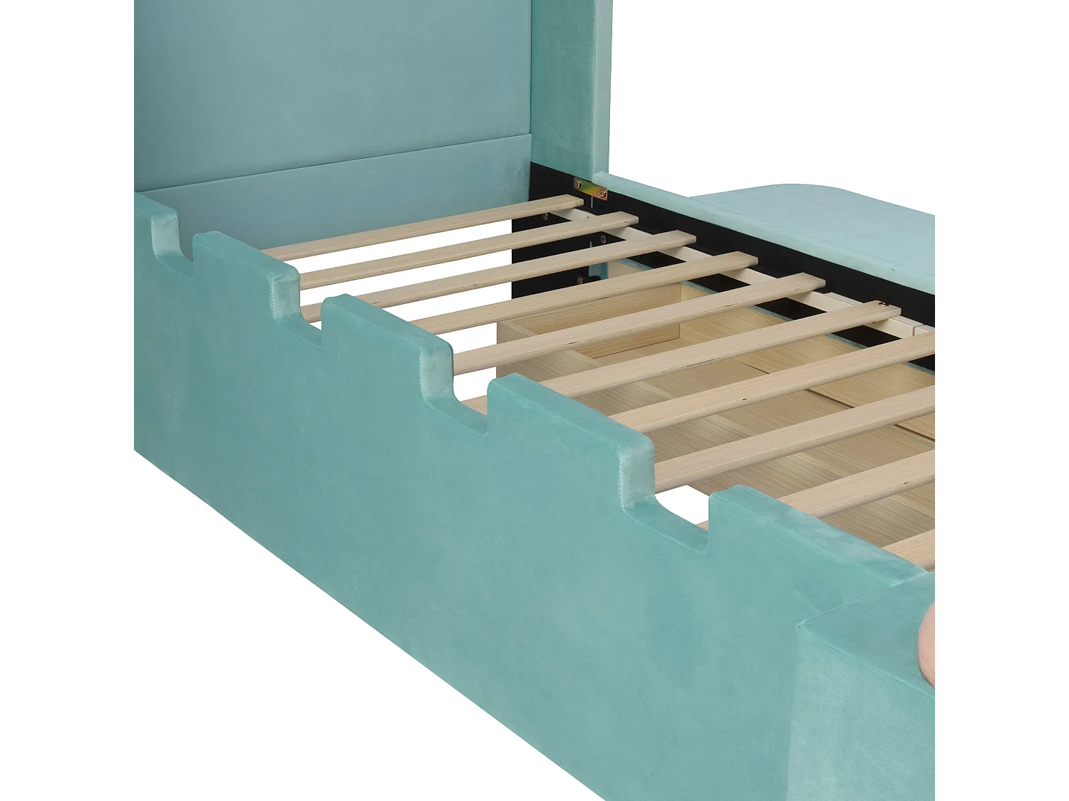 Lit enfant 90x200 cm avec tiroir et étagère rabattable - Velours bleu-vert