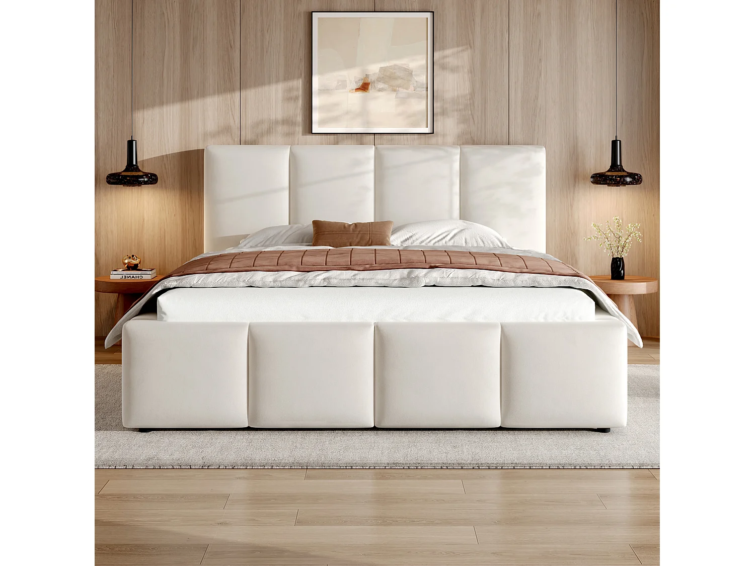 Volwassen tweepersoonsbed 180x200 cm in beige chenille met lattenbodem