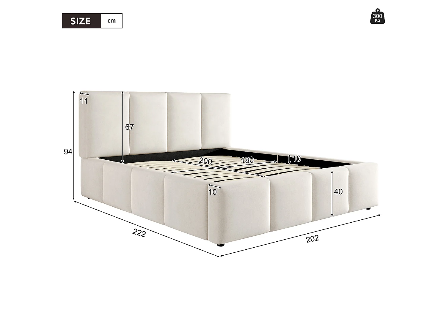 Volwassen tweepersoonsbed 180x200 cm in beige chenille met lattenbodem