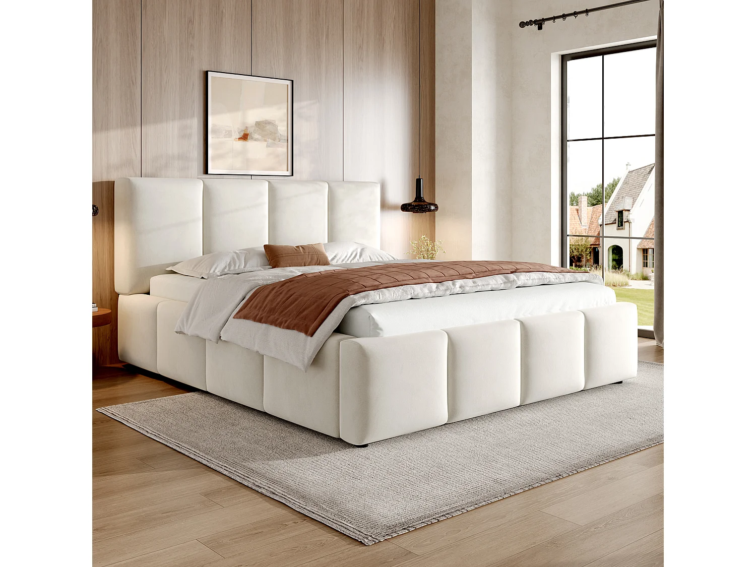 Volwassen tweepersoonsbed 180x200 cm in beige chenille met lattenbodem