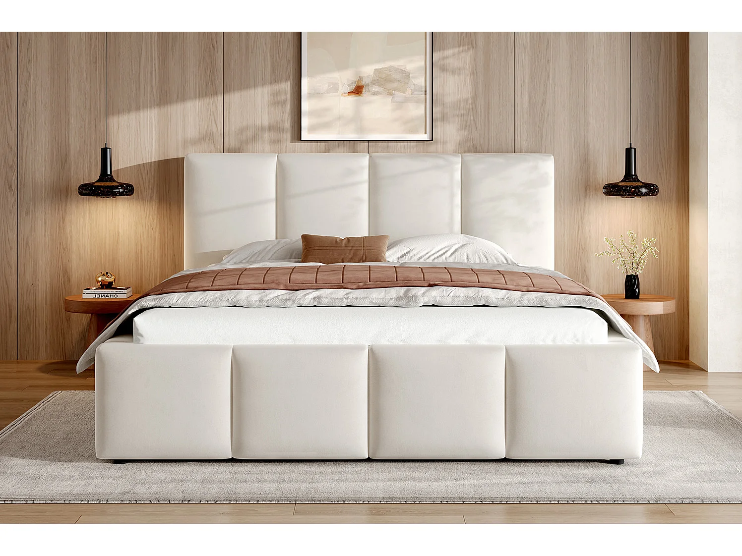 Volwassen tweepersoonsbed 180x200 cm in beige chenille met lattenbodem