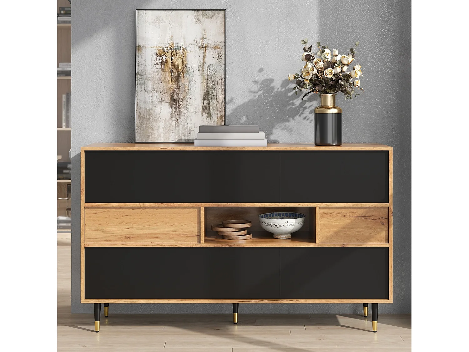 Houten en zwart dressoir met 2 lades, 4 deuren en een open schap