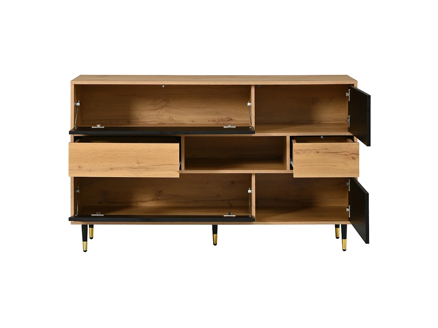 Houten en zwart dressoir met 2 lades, 4 deuren en een open schap