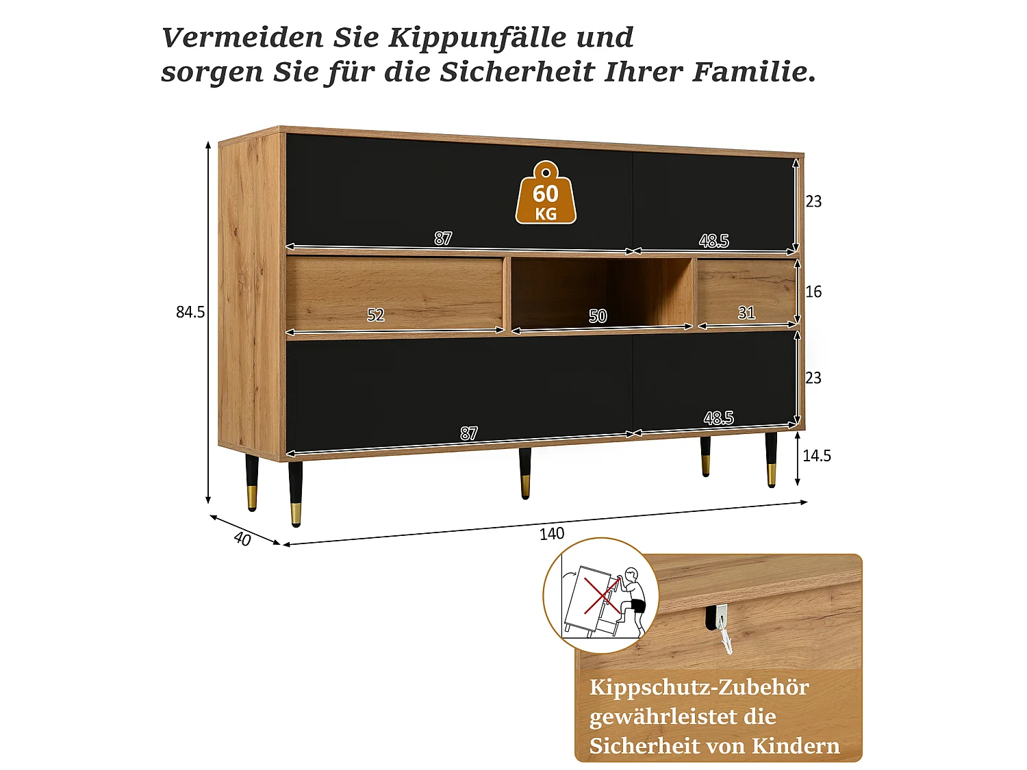 Houten en zwart dressoir met 2 lades, 4 deuren en een open schap