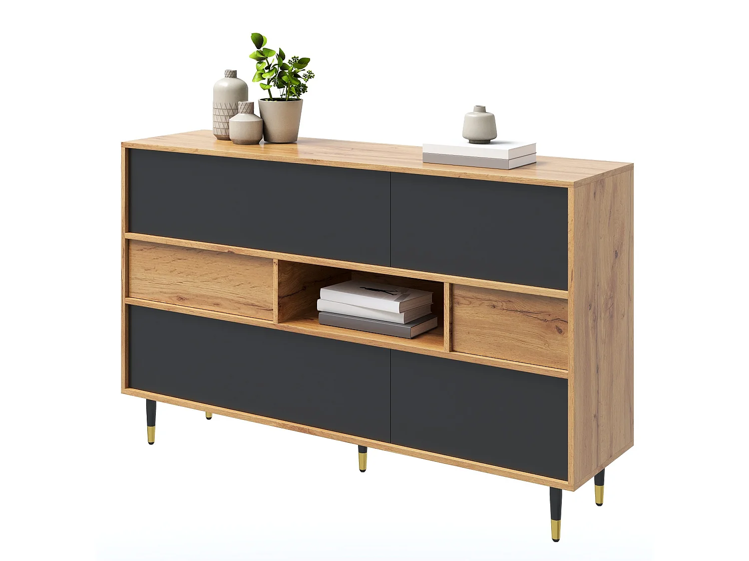Houten en zwart dressoir met 2 lades, 4 deuren en een open schap