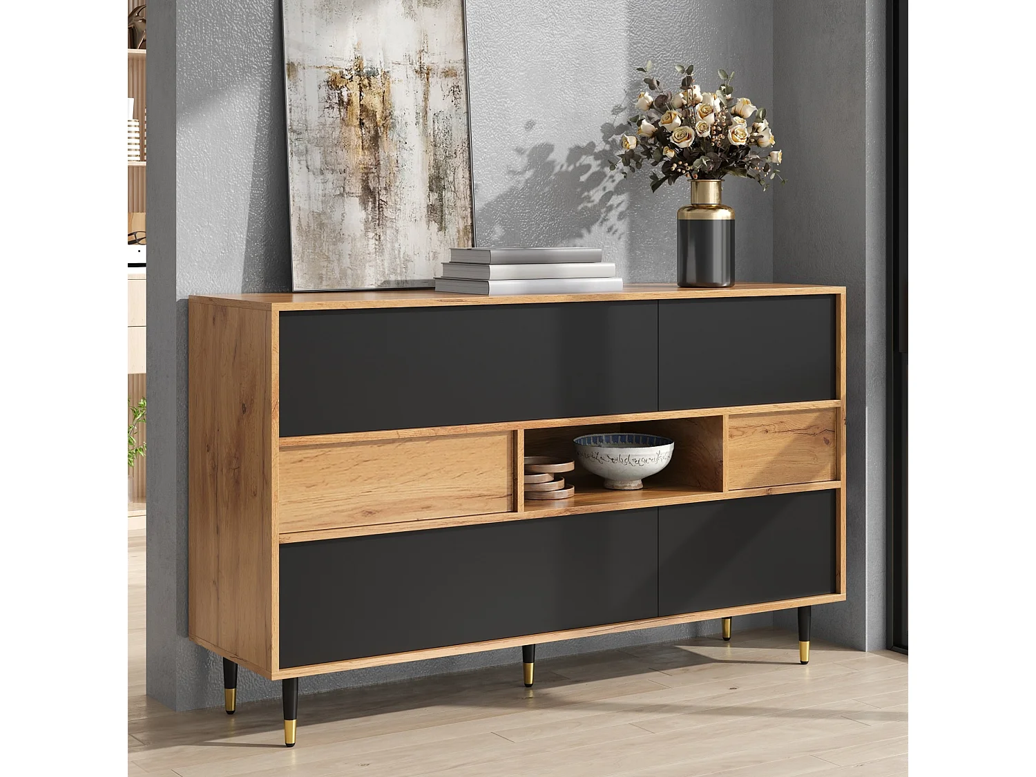 Houten en zwart dressoir met 2 lades, 4 deuren en een open schap