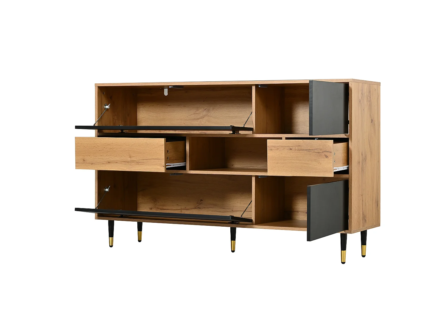Houten en zwart dressoir met 2 lades, 4 deuren en een open schap