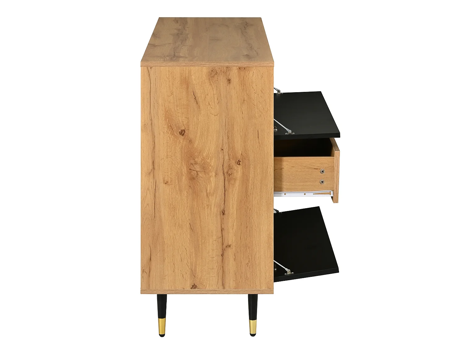 Houten en zwart dressoir met 2 lades, 4 deuren en een open schap