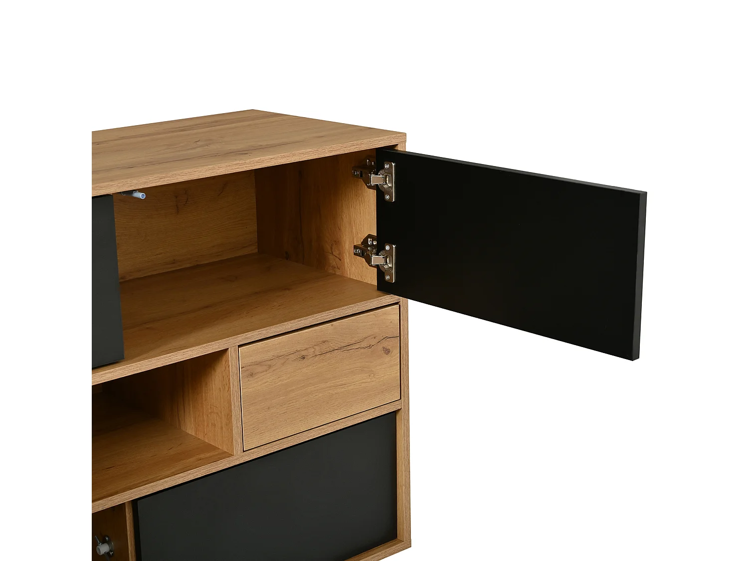 Houten en zwart dressoir met 2 lades, 4 deuren en een open schap