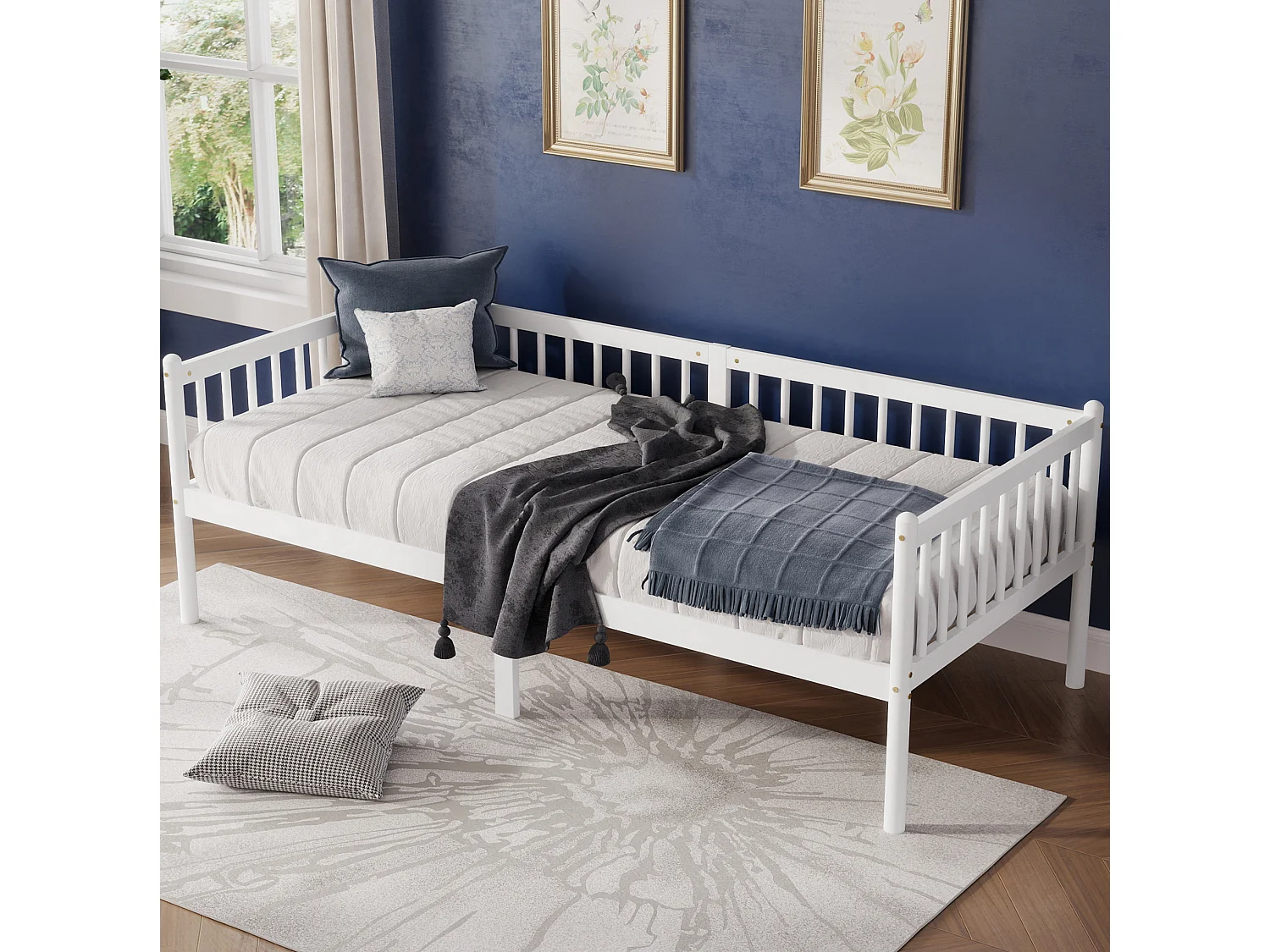 Lit enfant 90x200 cm en pin avec barrières de sécurité sur 3 côtés - Blanc