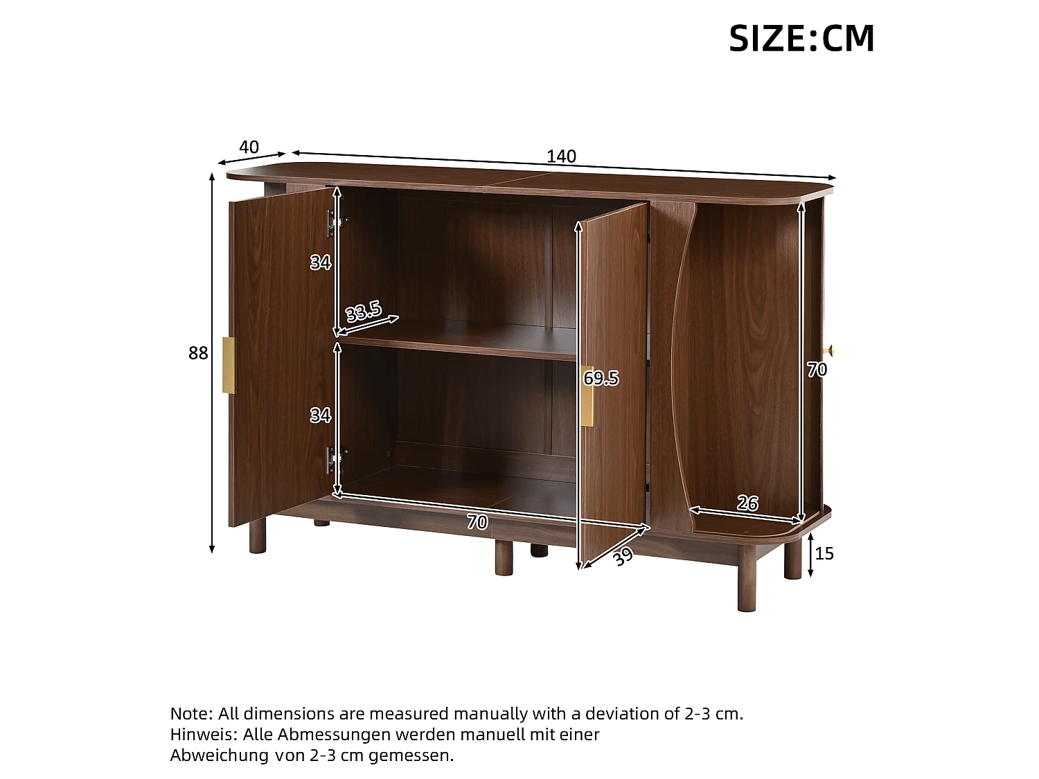 Buffet 140x40x88 cm avec 4 portes et étagère réglable - Marron