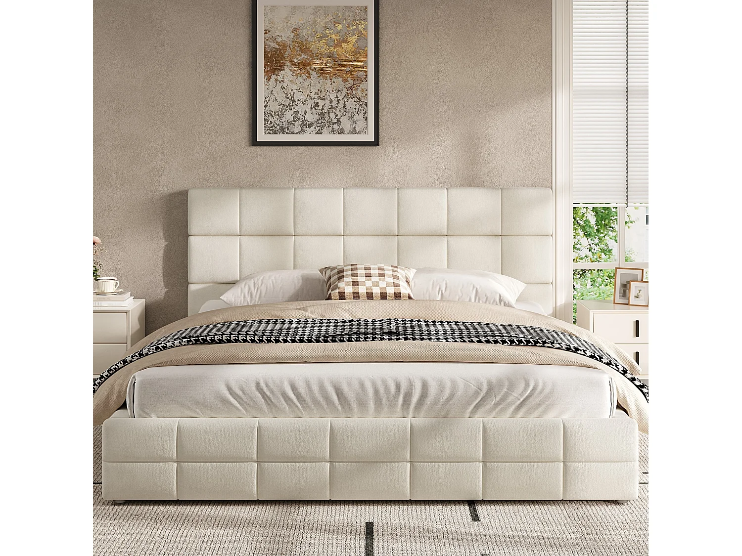 Volwassenenbed 180 x 200 cm in fluweel met hoofdbord - Beige (matras niet inbegrepen)