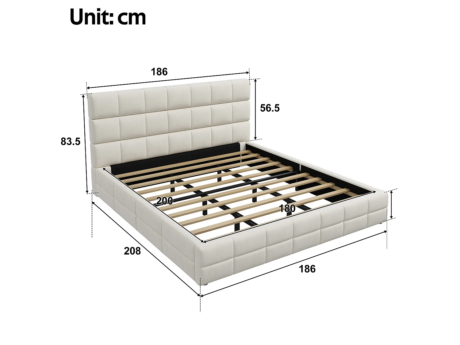 Volwassenenbed 180 x 200 cm in fluweel met hoofdbord - Beige (matras niet inbegrepen)