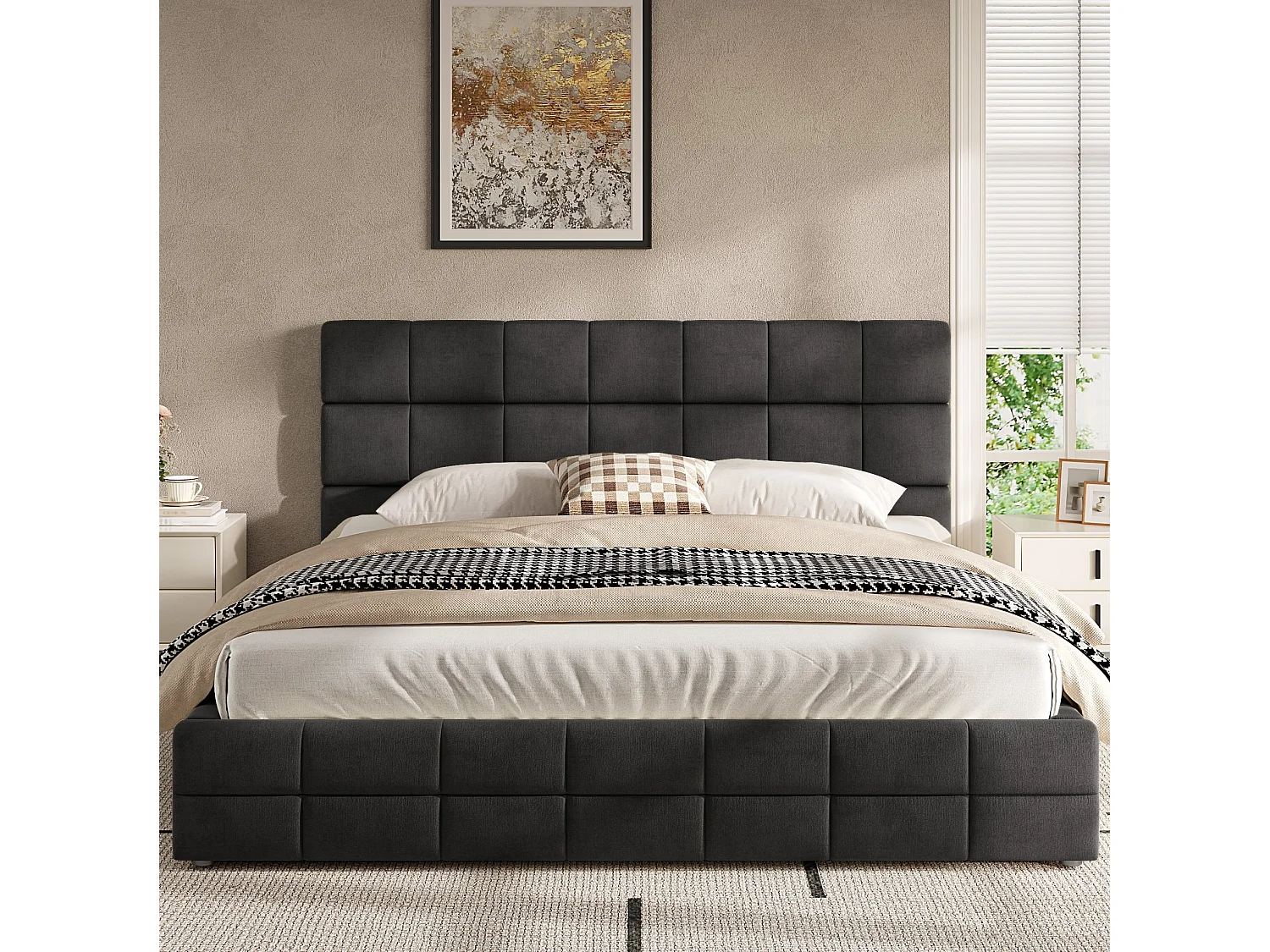 Lit adulte 180x200 cm en velours avec tête - Noir (sans matelas)