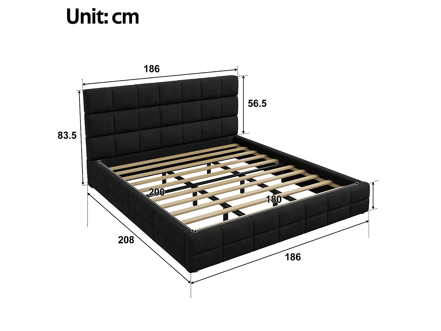 Lit adulte 180x200 cm en velours avec tête - Noir (sans matelas)