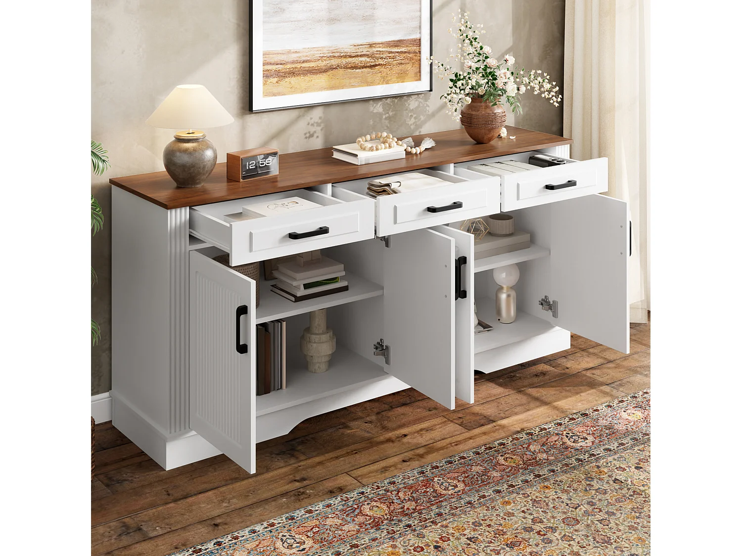 Buffetkast met 3 lades en 4 deuren met verticaal reliëf - Wit 160x40x75 cm