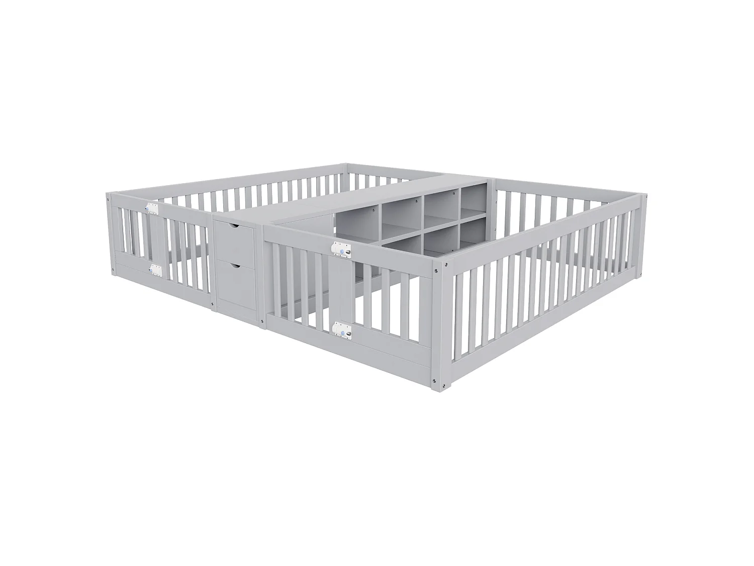 Barnsäng 90x200 cm med 2 sovplatser, 2 lådor och hyllplan - Utan ribbotten - Grå