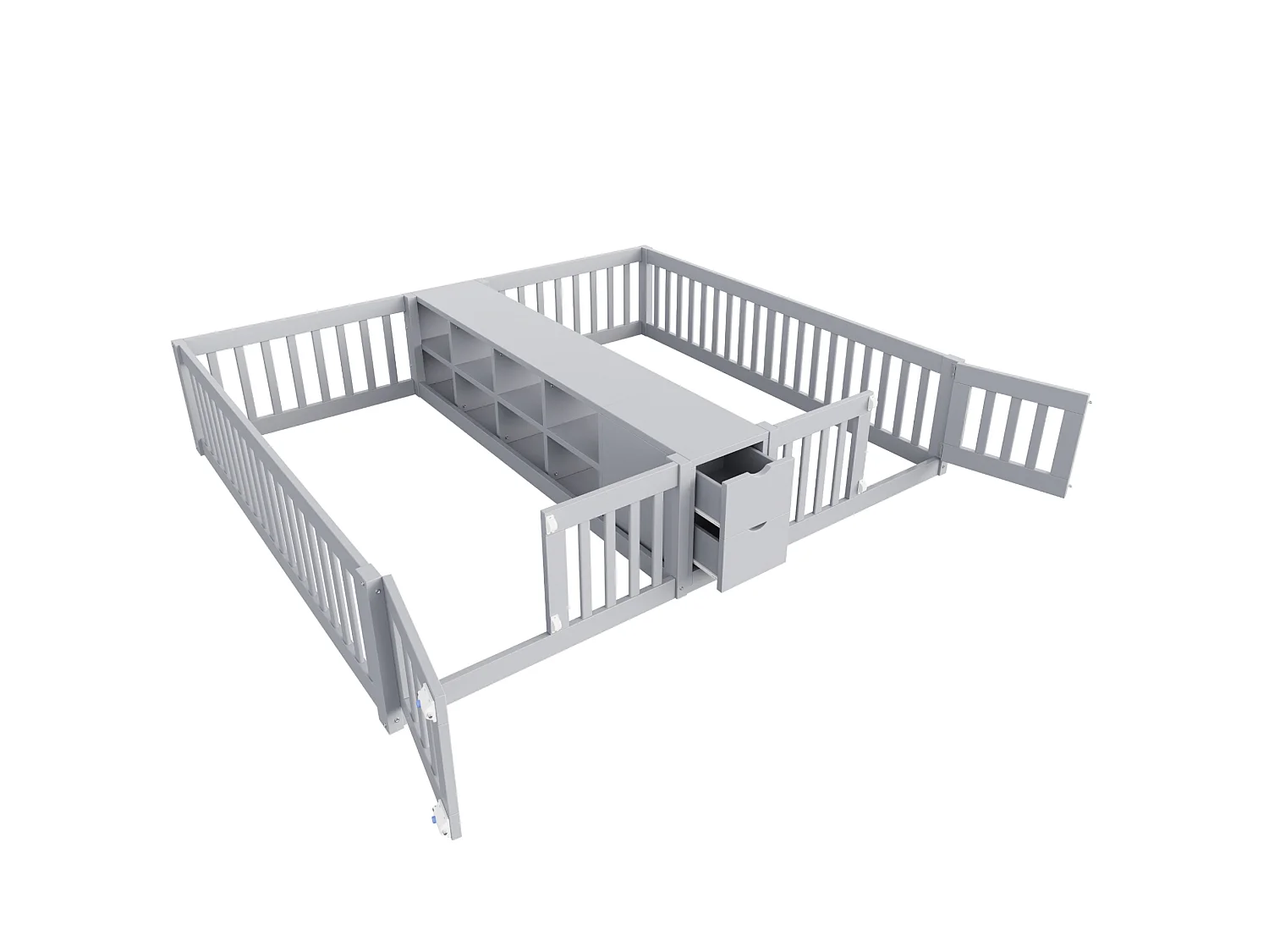 Barnsäng 90x200 cm med 2 sovplatser, 2 lådor och hyllplan - Utan ribbotten - Grå