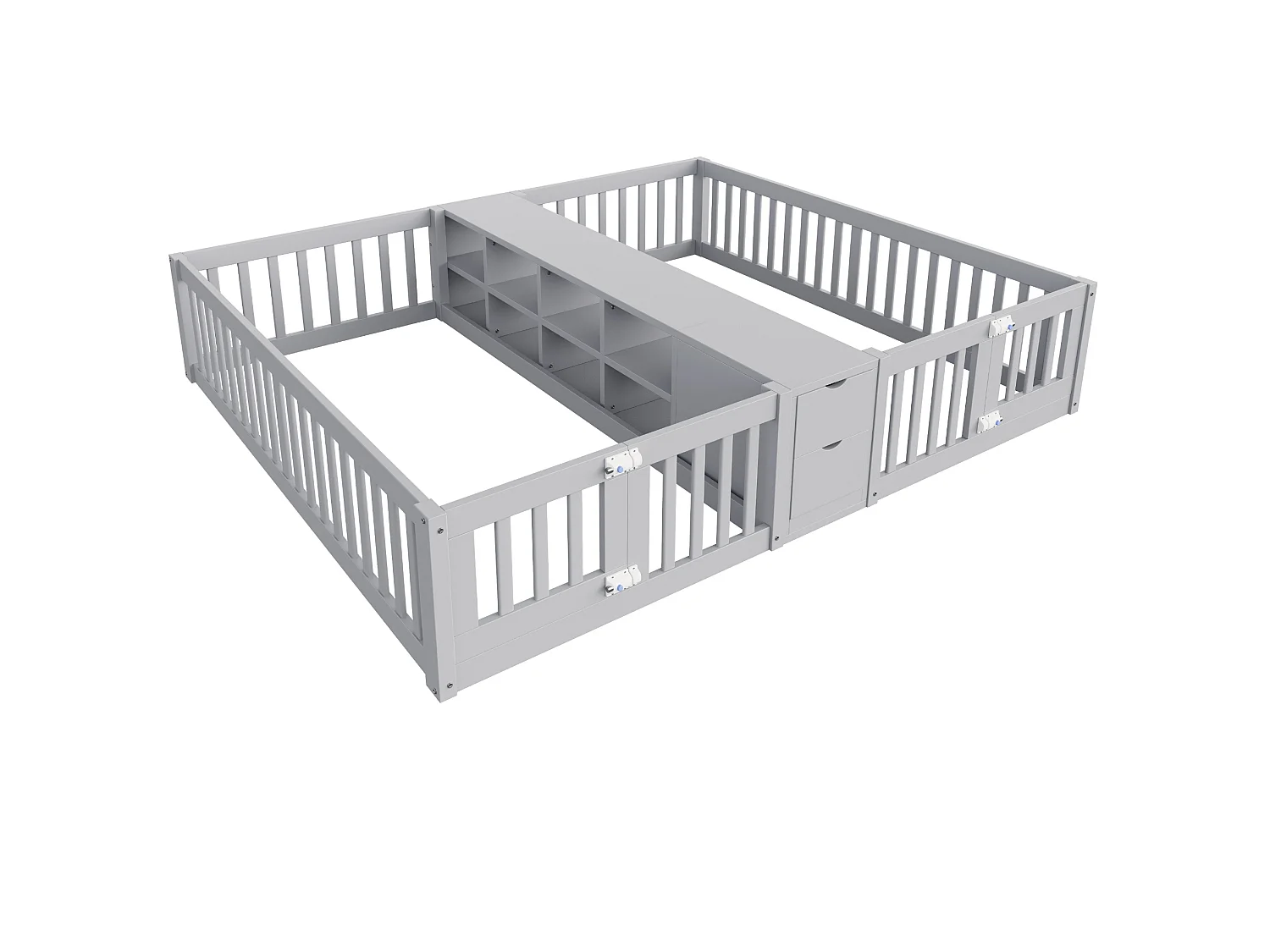 Barnsäng 90x200 cm med 2 sovplatser, 2 lådor och hyllplan - Utan ribbotten - Grå