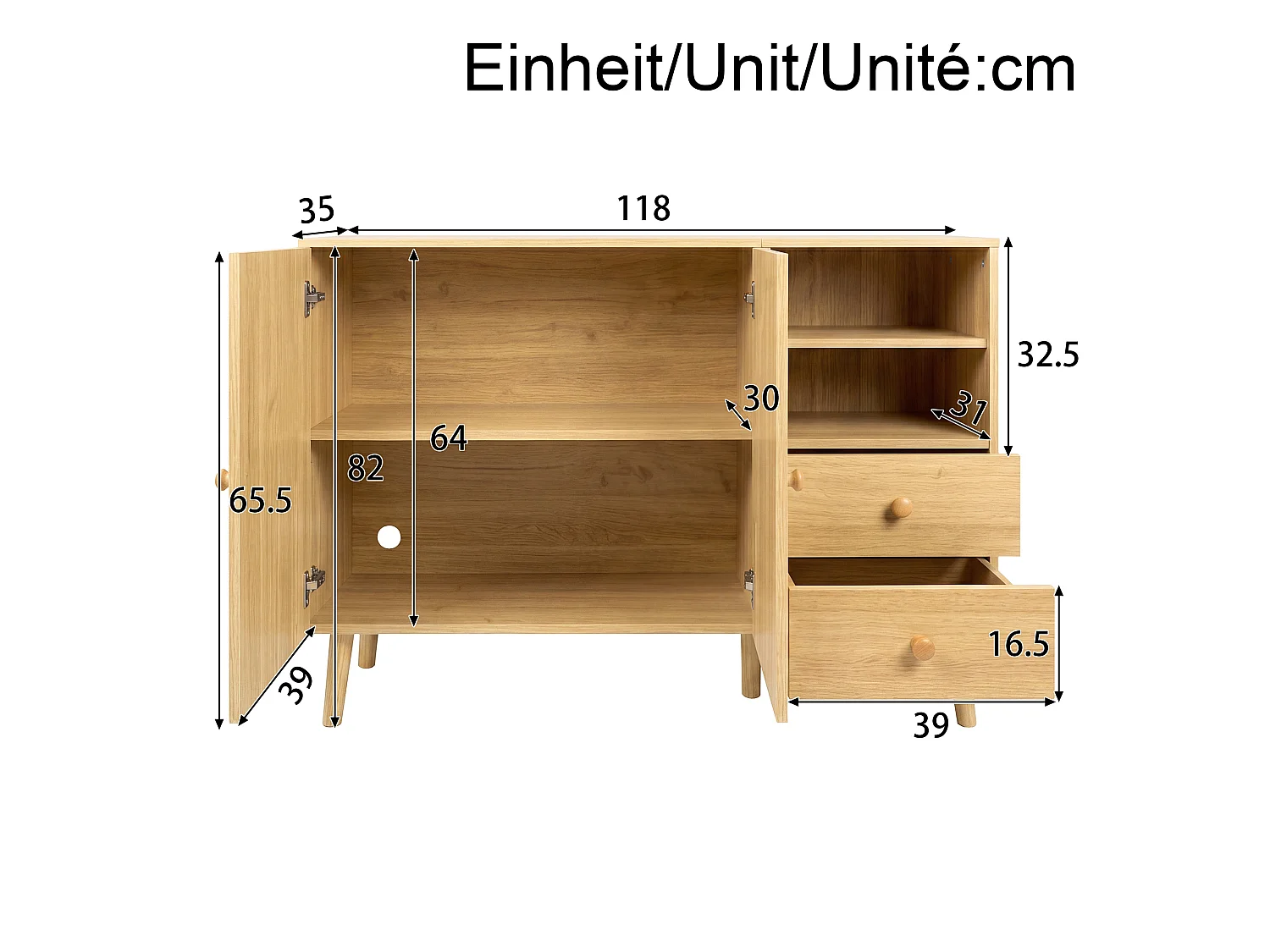 Buffet avec 2 portes et 2 tiroirs - Couleur bois 118 x 35 x 82 cm