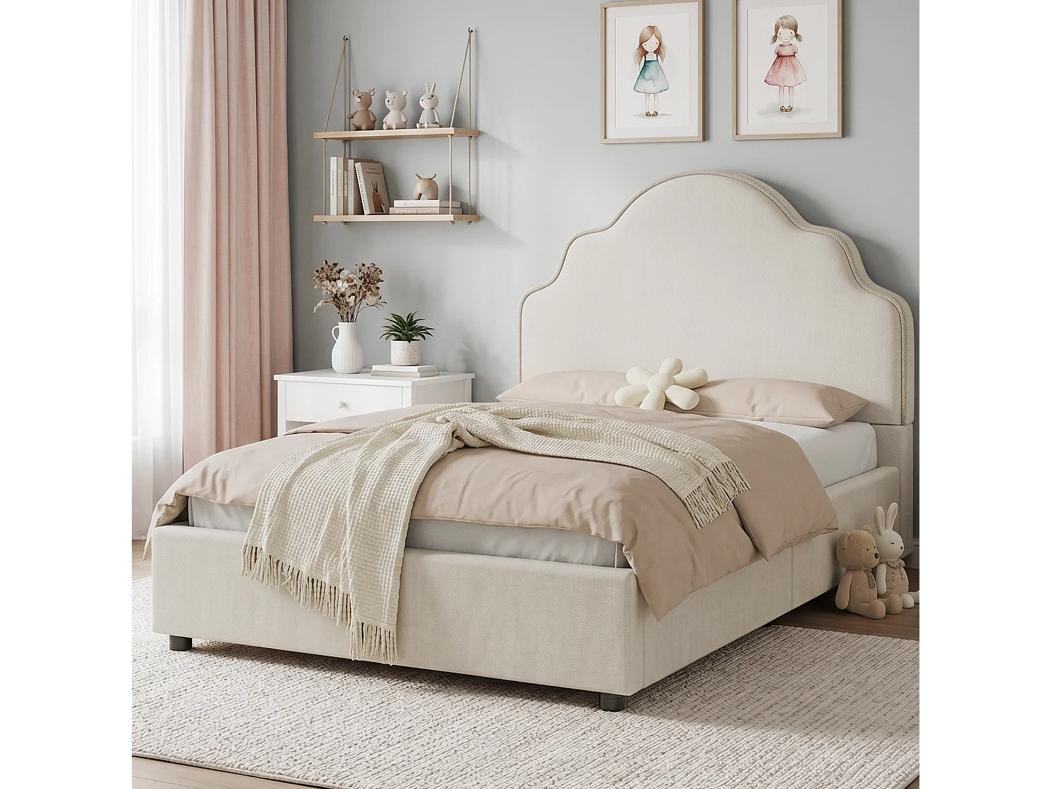 Lit enfant simple 90x200 cm en avec sommier à lattes - Lin beige