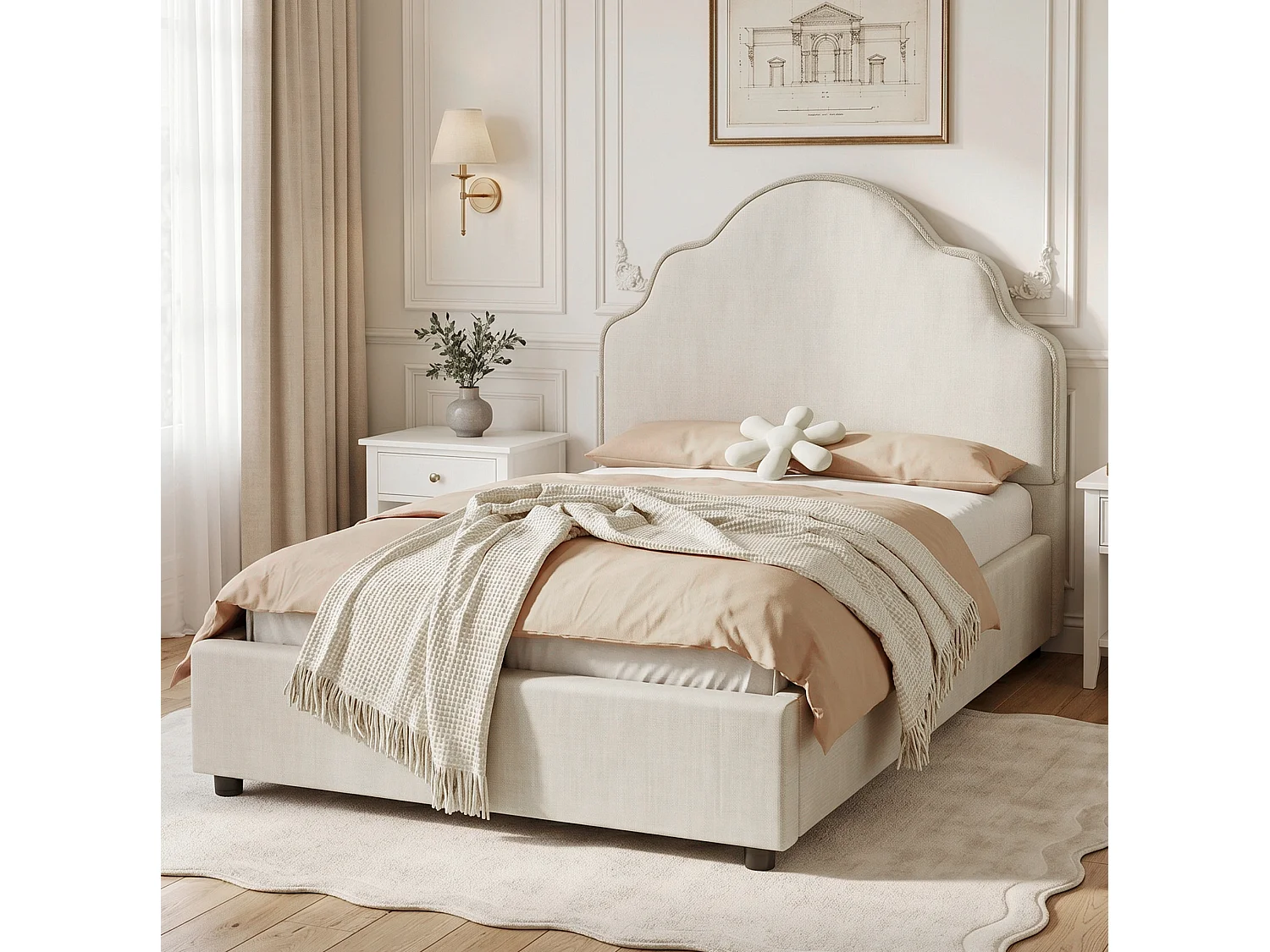 Lit enfant simple 90x200 cm en avec sommier à lattes - Lin beige