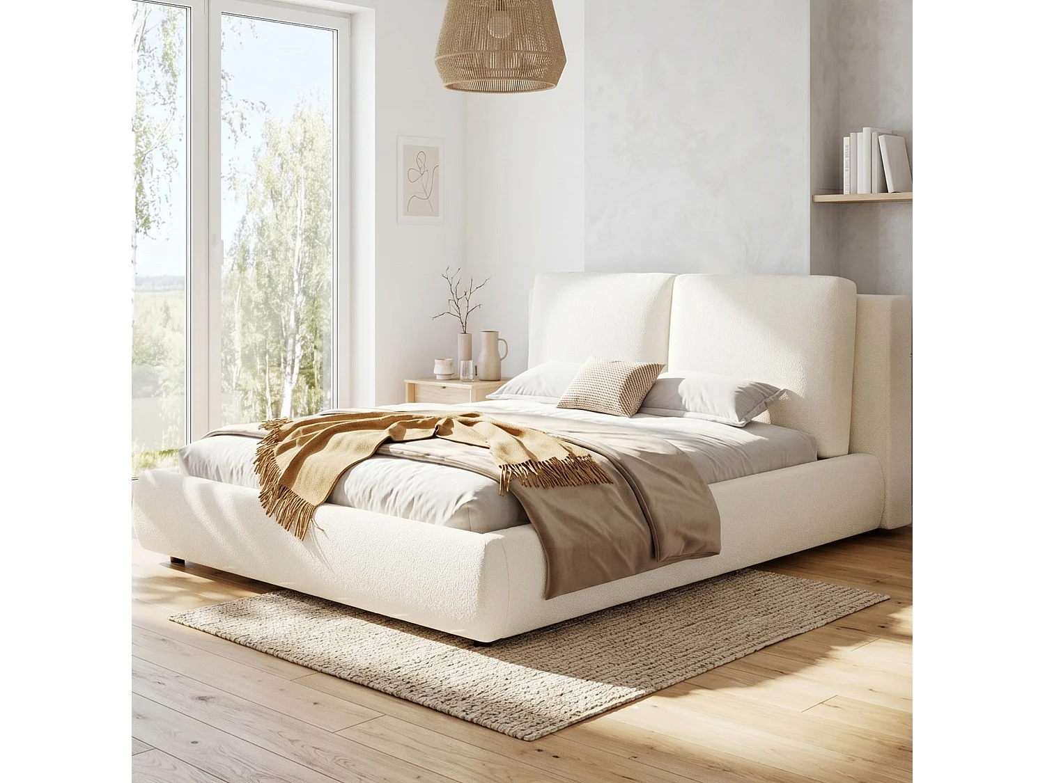 Tweepersoonsbed voor volwassenen 180x200 cm met lattenbodem - Beige bouclé stof