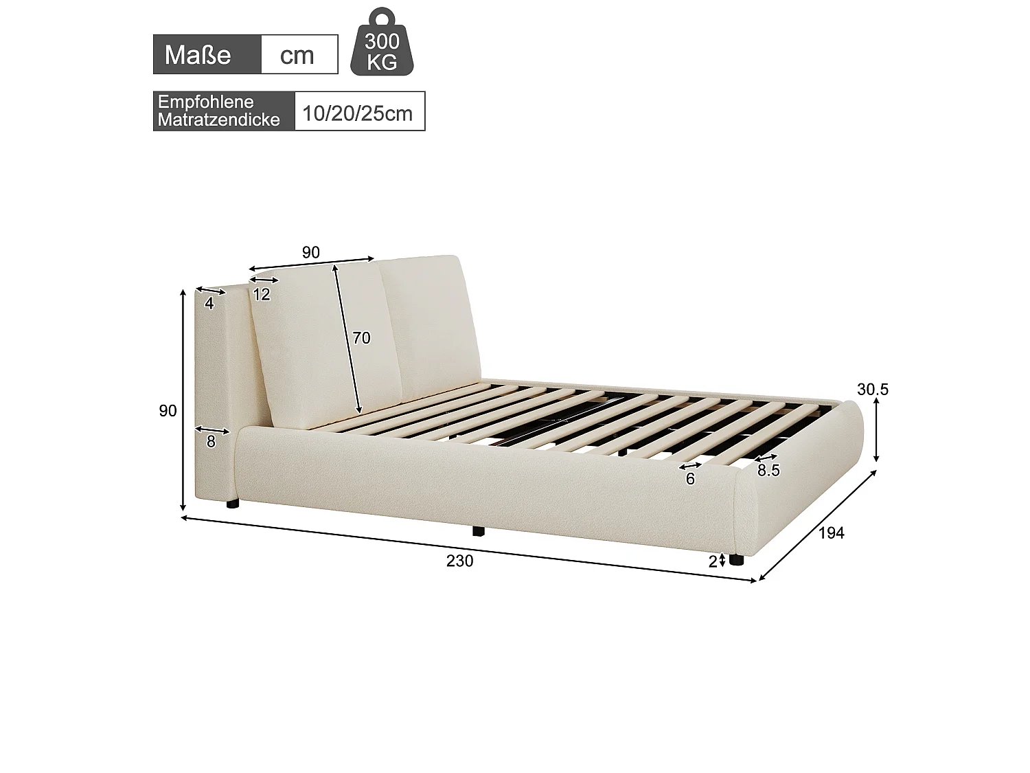 Tweepersoonsbed voor volwassenen 180x200 cm met lattenbodem - Beige bouclé stof