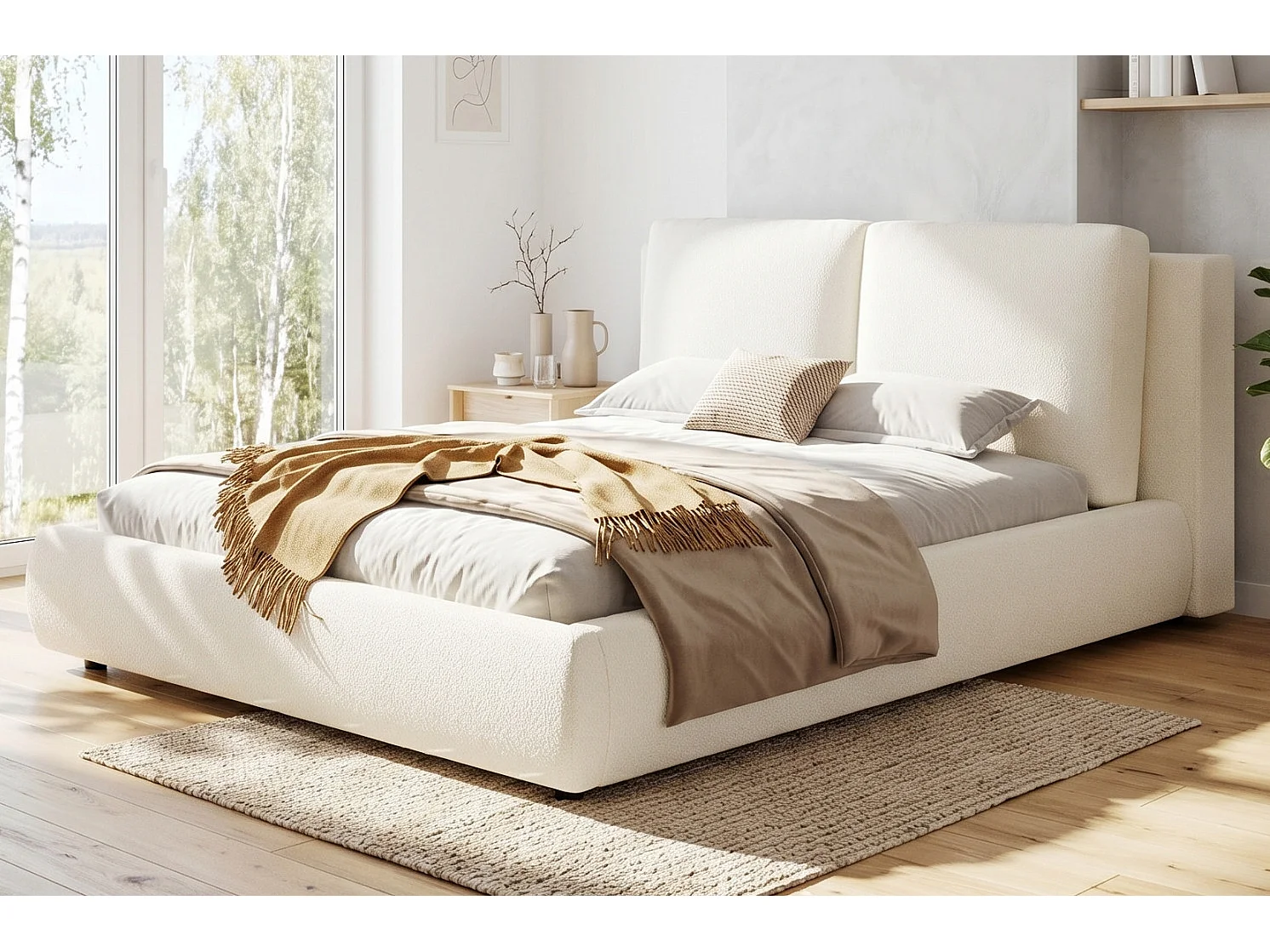 Tweepersoonsbed voor volwassenen 180x200 cm met lattenbodem - Beige bouclé stof