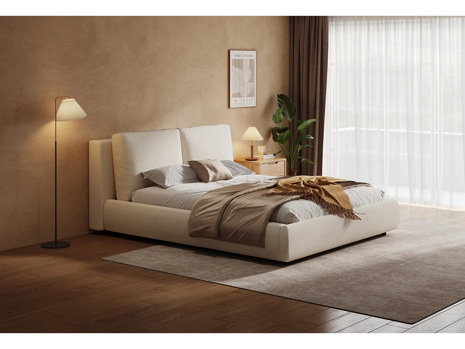Tweepersoonsbed voor volwassenen 180x200 cm met lattenbodem - Beige bouclé stof