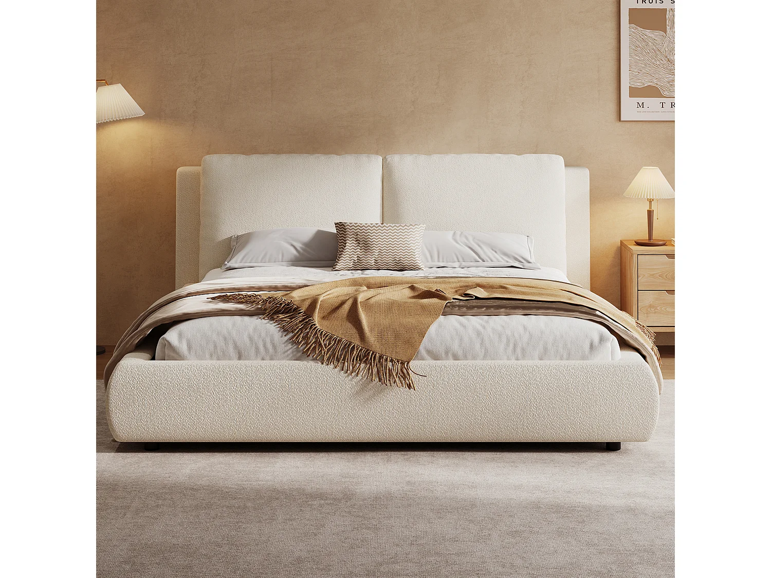 Tweepersoonsbed voor volwassenen 180x200 cm met lattenbodem - Beige bouclé stof