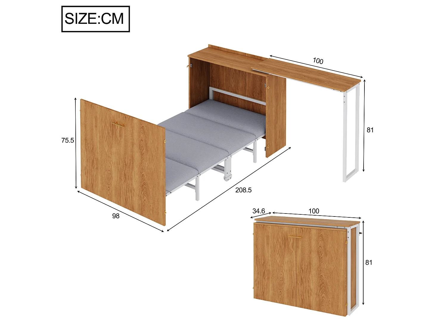 Cama de parede 90 x 200 cm com secretária giratória de 90° e colchão - Madeira escura