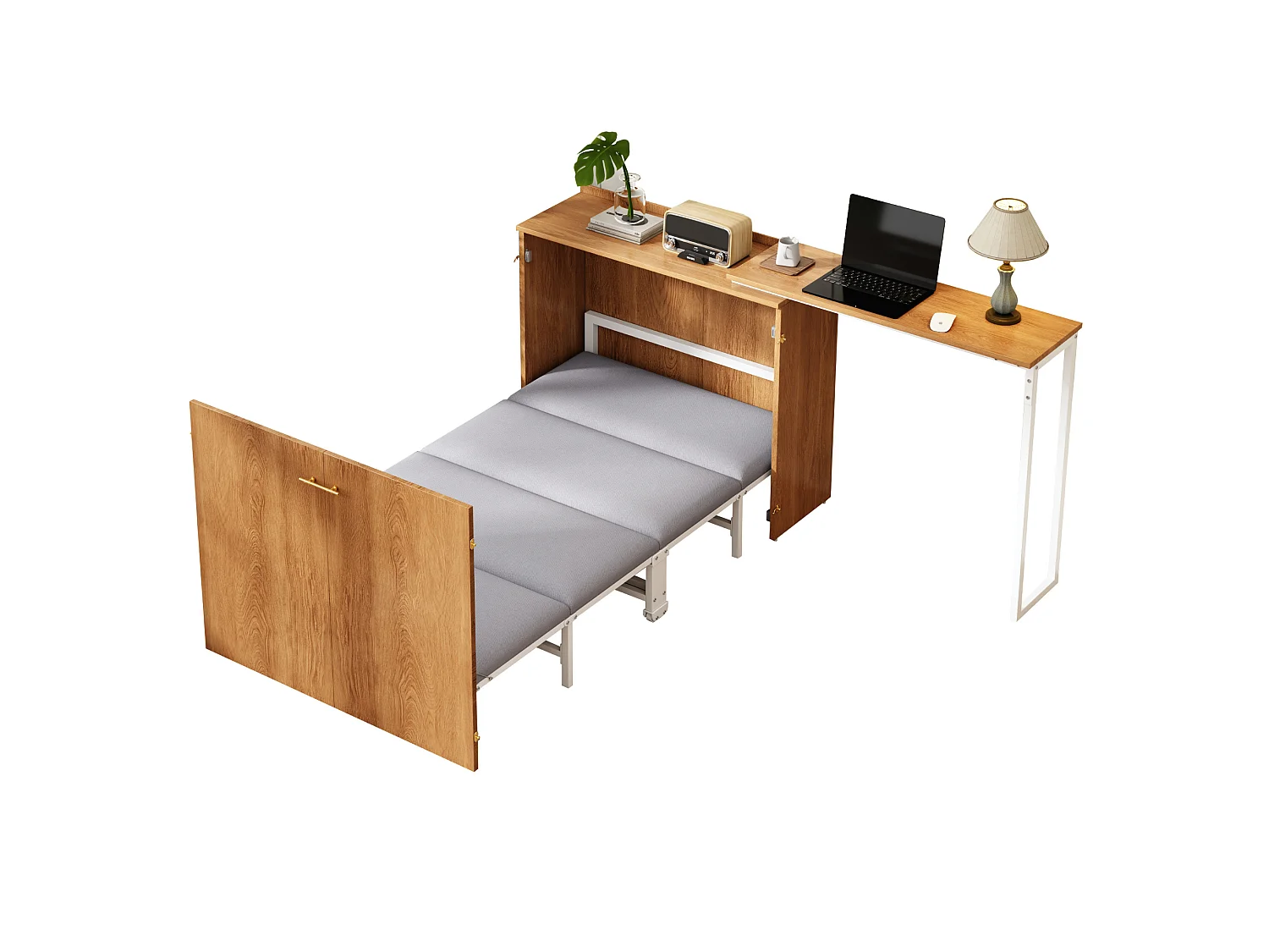 Cama de parede 90 x 200 cm com secretária giratória de 90° e colchão - Madeira escura