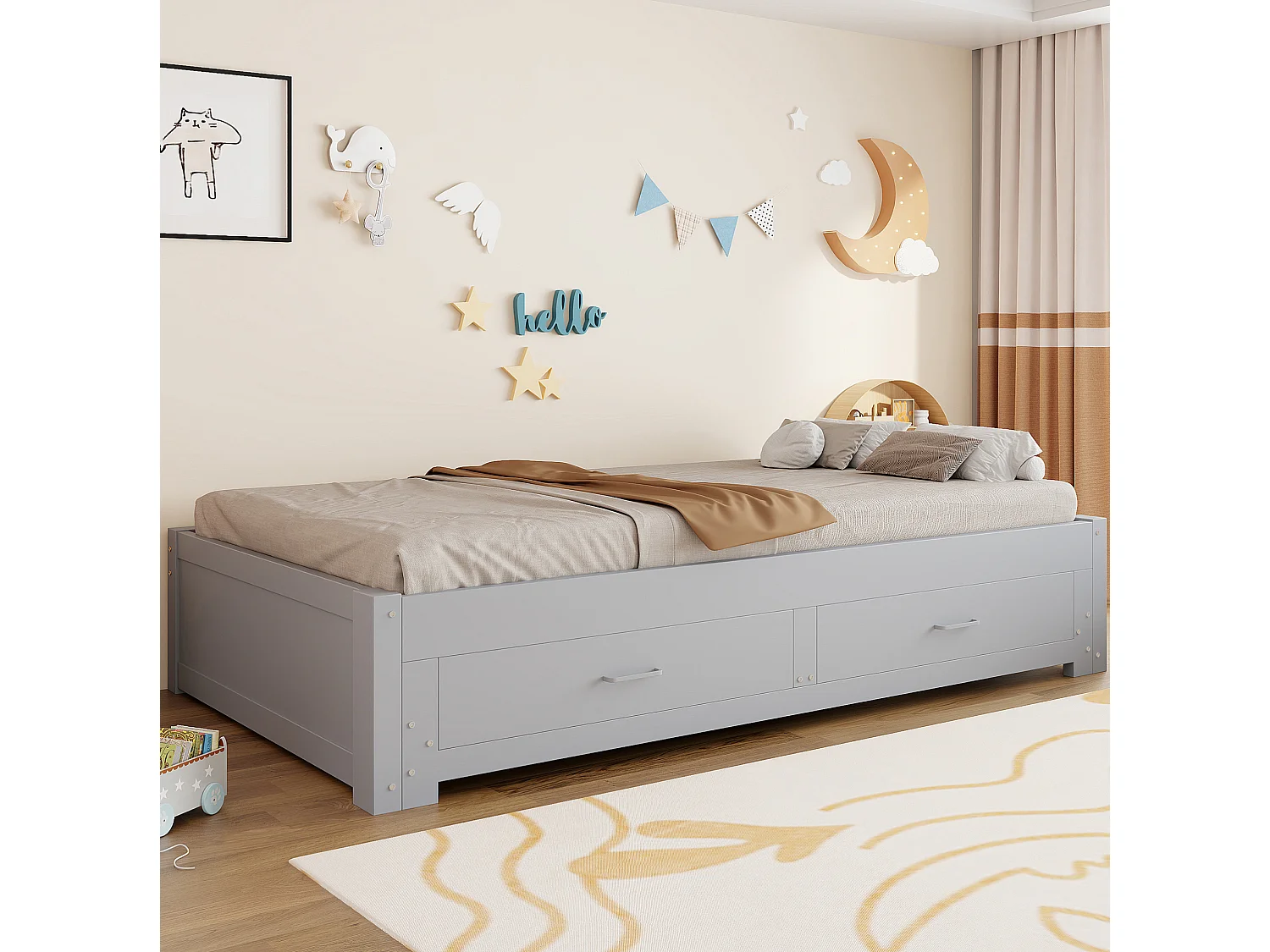 Lit banquette extensible 90/180x190 cm en bois avec 2 tiroirs - Sans tête de lit - Gris