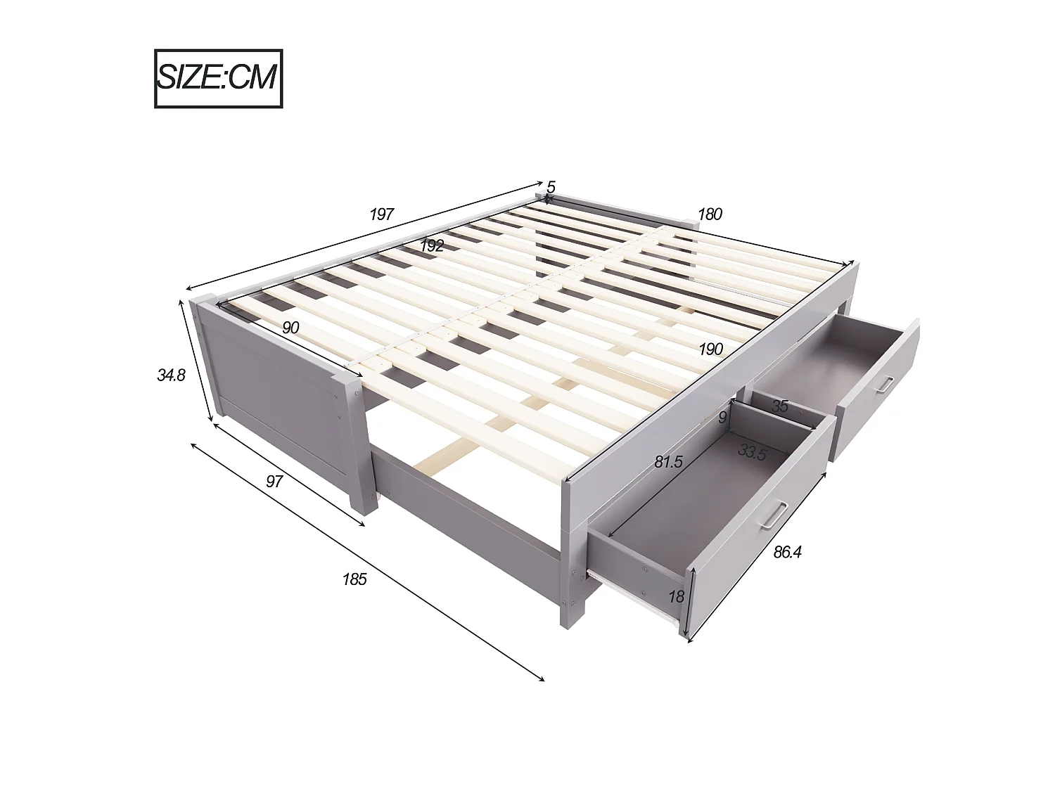 Lit banquette extensible 90/180x190 cm en bois avec 2 tiroirs - Sans tête de lit - Gris